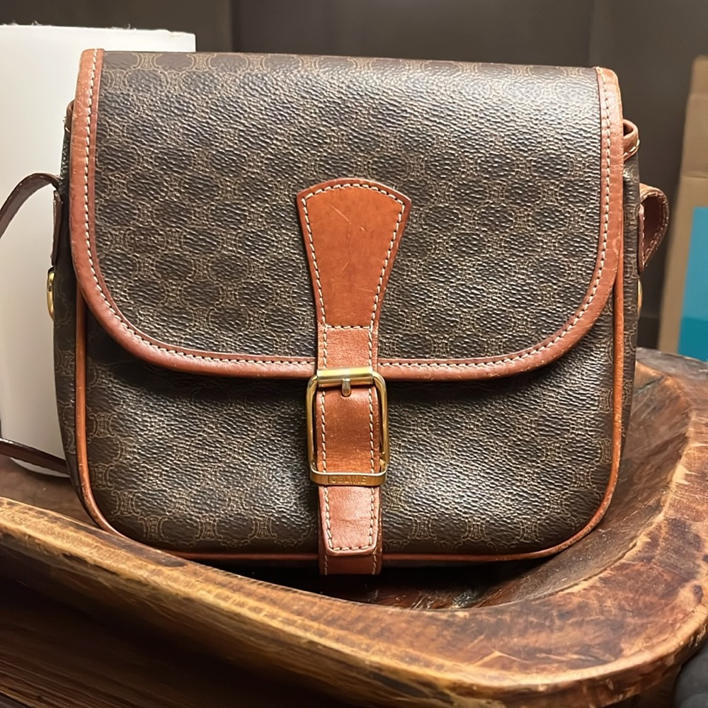 Céline Brown Coated Canvas Macadam Shoulder Bag....  AUTHENTIC!   CLASSIC